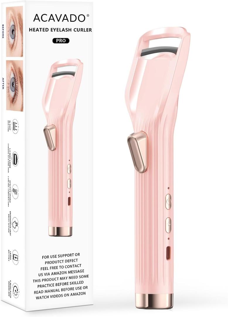 Heated Eyelash Curler Premium PRO - Fast Heat up in 8s - 24 Hours Long Lasting - Rechargeable Electric Eyelash Curler with Type-C, Innovative L Silicone, 2 Heat Modes (Pink-C)