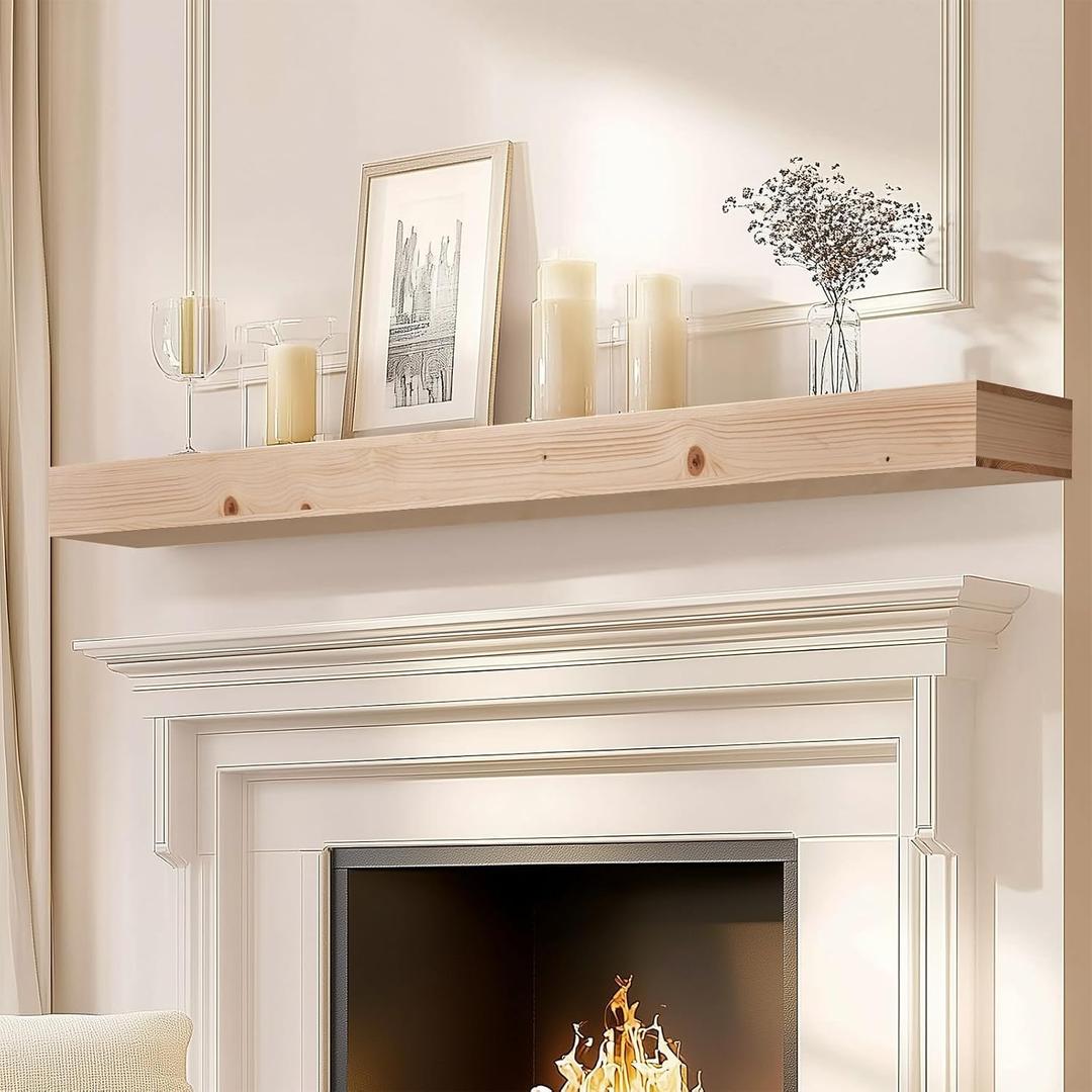 72x8x3 Fireplace Mantel - Handcrafted Hollow Rustic Solid Wood Wall Mounted Floating Shelf - DIY Color - with Invisible Heavy Duty Wood Bracket, 72x3x8-hollow