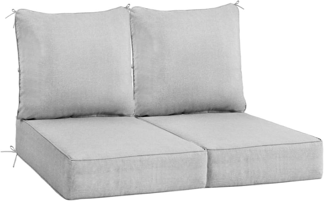 Sundale Outdoor Olefin Deep Seat Cushion Set of 2, Patio Chair Cushion and Pillow, Water-Resistant Sectional Sofa Pad with Straps Light Gray, 24 x 24 x 6 Inches