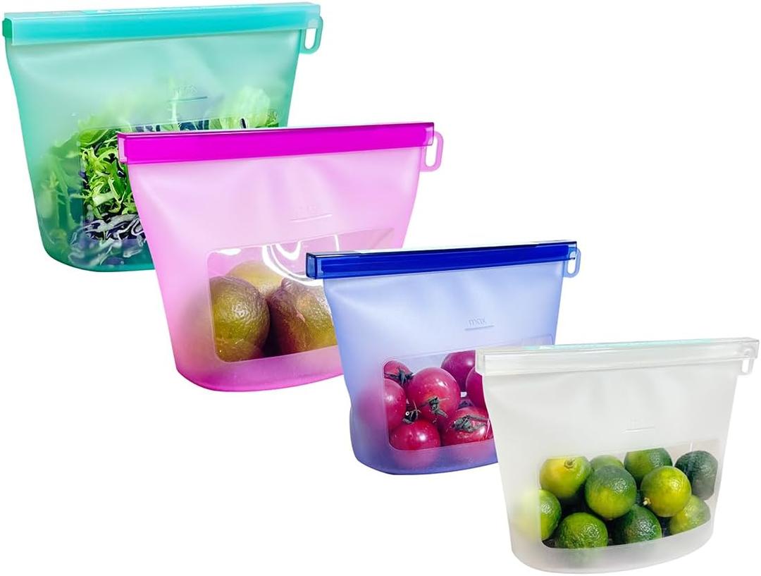 Reusable Silicone Food Storage Bags (Set of 4), Dishwasher Oven Microwave Freezer Safe, Eco-Friendly 100% Platinum Silicone, Leakproof Sous Vide Bags, Premium Lunch Containers, 2 Snack & 2 Sandwich (X-Small, Mixed)