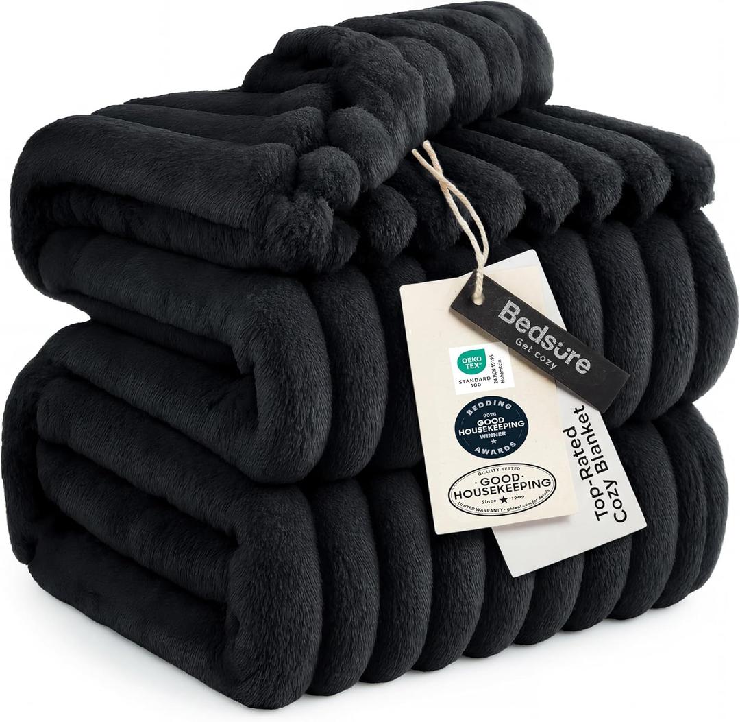 Bedsure GentleSoft Blankets Queen Size for Bed - Cozy Soft Blankets for Women, Cute Large Fleece Throws for Girls, Black, 90x90 Inches