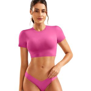 YEOREO Short Sleeve T Shirt for Women Double Lined Crop Top Crew Neck Workout Tee Colin Slim Fit Summer Basic Going Out Top (Small, Rose)