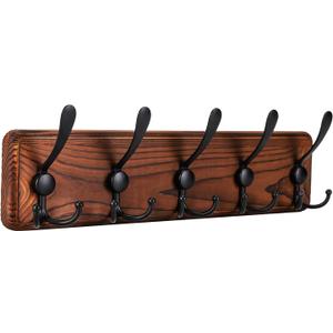 Kruodop Large Coat Rack Wall Mount Coat Hooks Coat Hanger with 10 Metal Black Triple- Hooks Brown Pine Real Wood Plank Hat Rack for Wall Hooks for Hanging Coat Hat Jacket