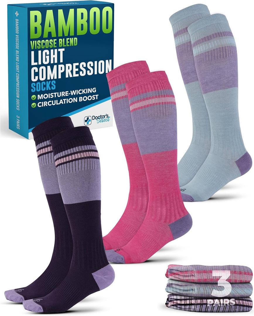 Doctor's Select Bamboo Viscose Light Compression Socks for Women & Men - 3 Pairs, 8-15 mmHg Compression Socks, Knee High (Large)