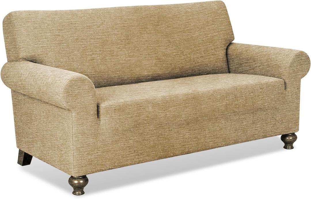 URBANLIFE 1-Piece Stretch Sofa Slipcovers for 2 Cushion Loveseat Couch, Super Stretch Non-Slip Sofa Cover with Elastic Bottom, Machine Washable Furniture Protector for Kids & Pets, Coffee
