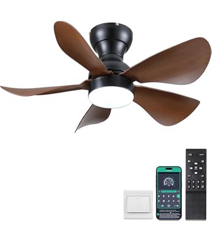 Ceiling Fans with Lights, 46 inch Modern Low Profile Ceiling Fan with Light and Remote App Control, Flush Mount, Quiet DC Reversible, Dim Led Ceiling Fan for Bedroom Kitchen Indoor/ Outdoor Patio Brown