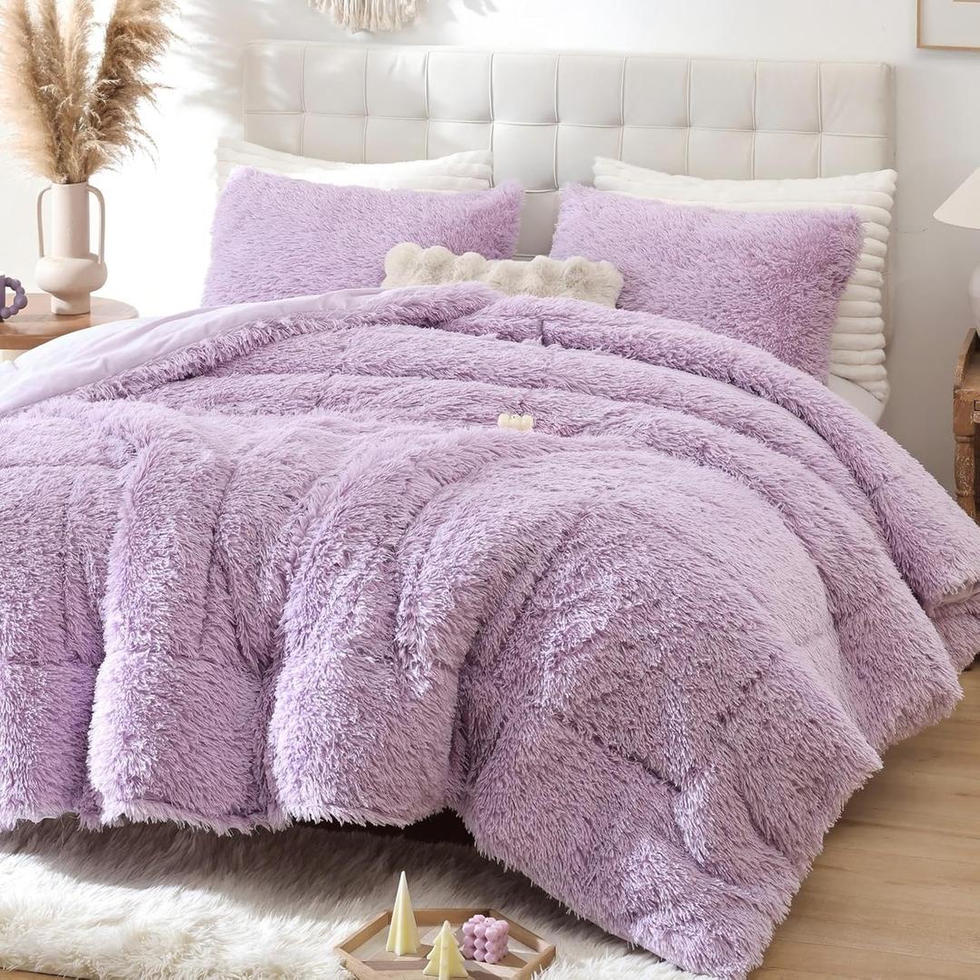 Smoofy Fluffy Full Size Comforter Set, Faux Fur Comforter Set, Luxury Fuzzy Bedding Set, Soft Shaggy Full Bed Set for All Season, 3 Pieces - 1 Comforter & 2 Pillowcases, Lavender Purple