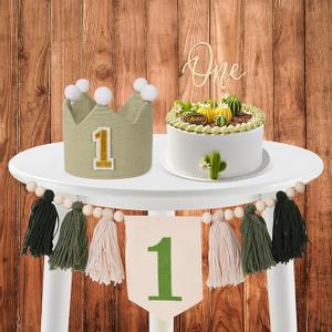 Bohemian High Chair Banner Decoration Set - Wooden Beads Tassel Green Crown Hat for 1st Birthday Party With Cake Insert