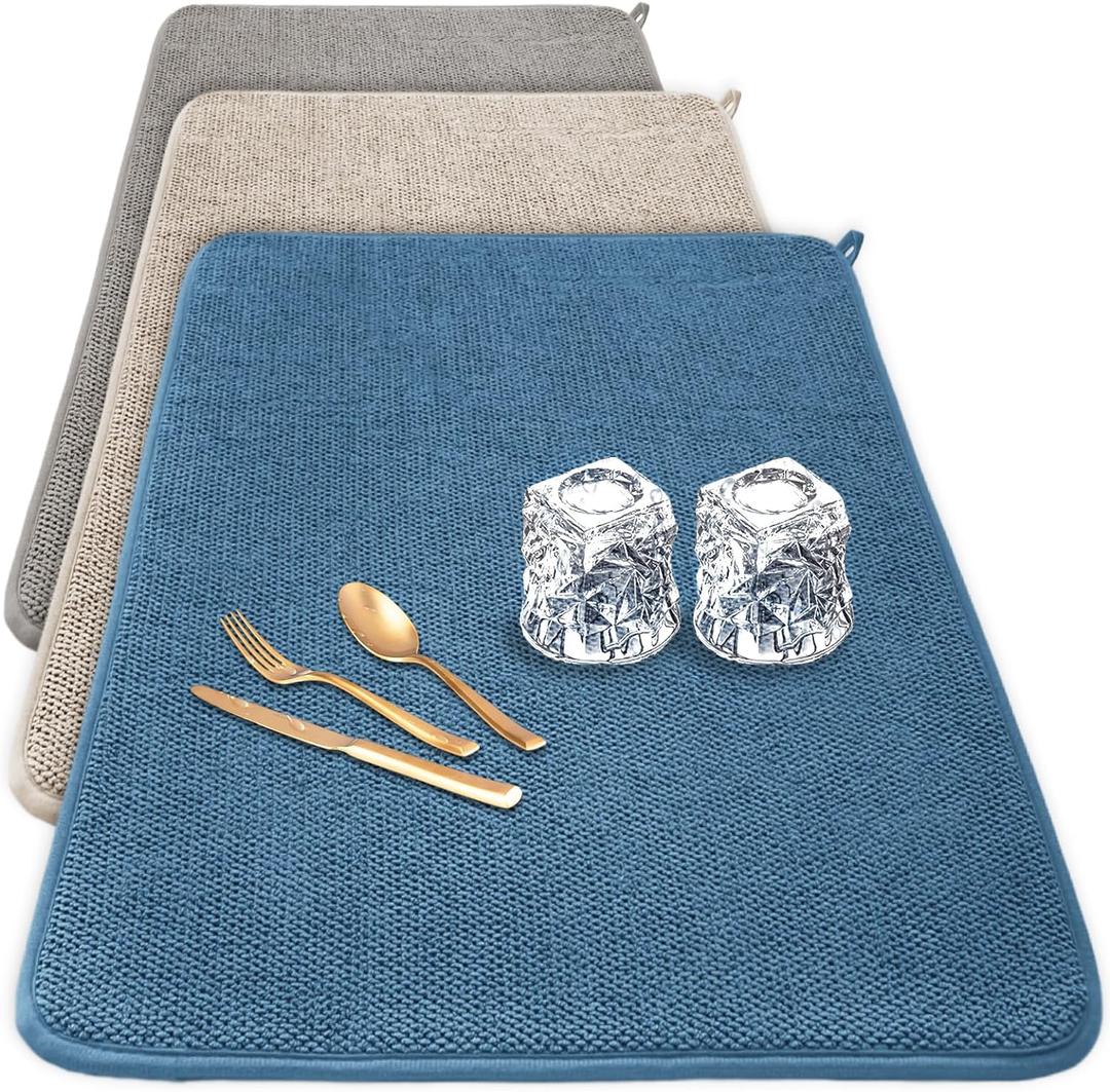 3 Pack XXL Dish Drying Mats,2417" Absorbent Microfiber Dishes Drainer Mats,Large Size Pads for Kitchen Counter,Coffee,Rack,Under Sink(Beige,Blue,Gray)