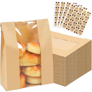 200 Packs Paper Bread Bags for Homemade, Sourdough Bread Bags with Clear Window Includes Label Seal 200 Pcs Stickers, Bakery Packaging Storage for Cookies Snack (13.7x8.2x3.5 inch)