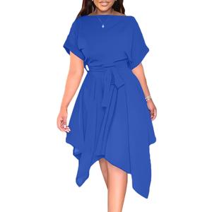 rgeUmenlele Womens Casual Short Sleeve Tie Waist Asymmetric Hem Swing Summer A Line Midi Dress L rgeUmenlele Womens Casual Short Sleeve Tie Waist Asymmetric Hem Swing Summer A Line Midi Dress L