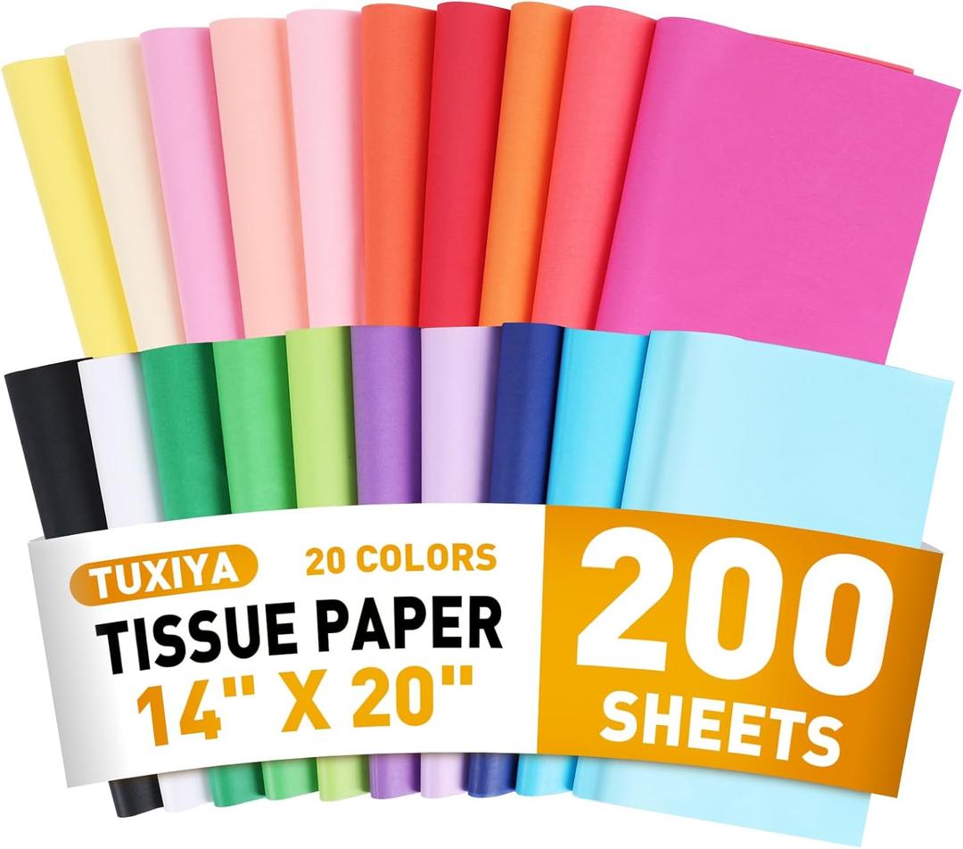 200 Sheets Tissue Paper, 20 Colors 14" X 20" Tissue Papers for Gift Bags Birthday Party Flower Decoration, Colored Tissue Paper Bulk for Packaging (Colorful)