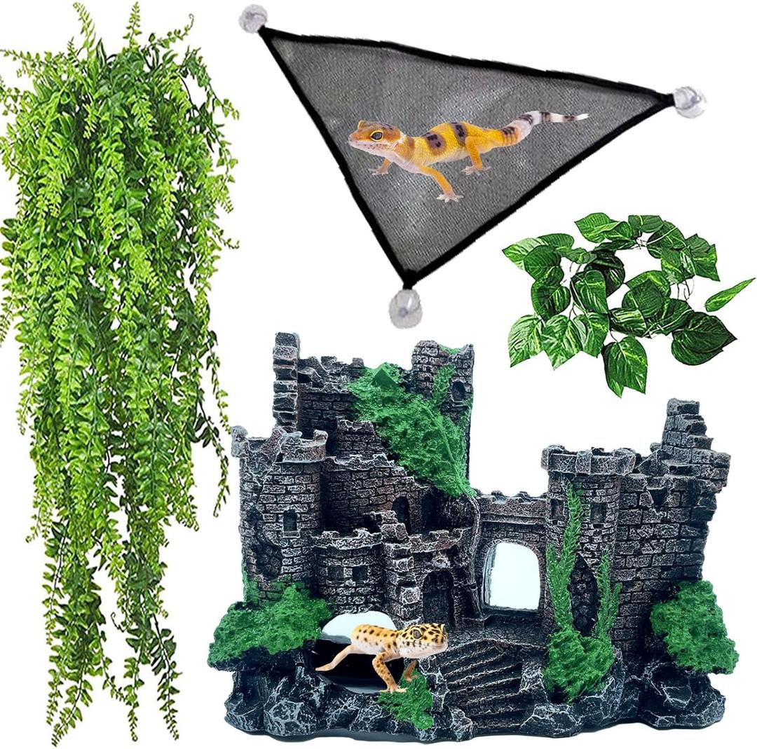 kathson Bearded Dragon Tank Castle Decorations, Reptile Hammock Reptiles Habitat Resin Hideouts Cave Decor Terrarium Accessories for Lizard Snake Chameleon Gecko Hermit Crabs (4 Pcs)
