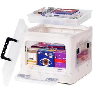 HEY FOLY 22qt Medicine Organizer Storage Box with 4-Side Opening Doors, White Foldable Medication Organizer Empty, Container Case Stackable First Aid Box for Home Storage