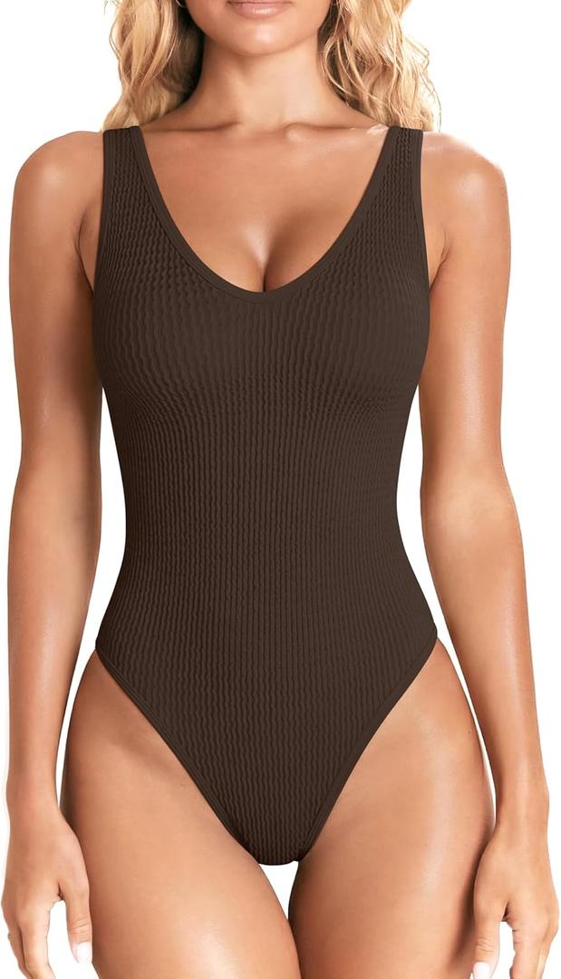 OQQ Womens Tummy Control One Piece Swimsuit  Crinkle Textured Swimwear Full Coverage Slimming Bathing Suit (Large, Darkbrown)