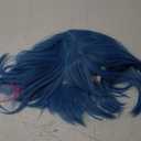 Short Blue Wig with Bangs for Game Cosplay Blue Cosplay Wig with Pink Highlights for women Short Wavy Bob Wigs for Halloween Outfit Bright Blue Anime Wigs for Party Costume+Hair Cap