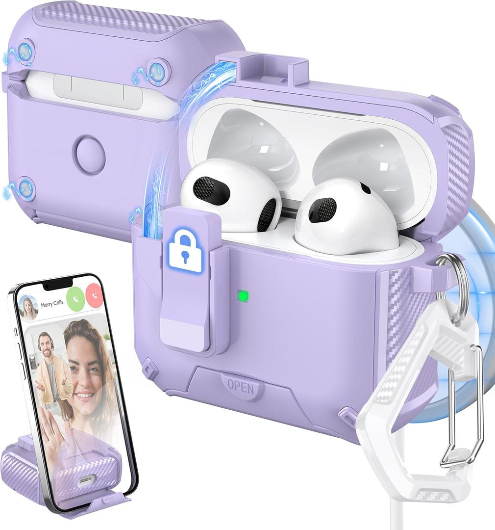 for AirPods 3rd Generation Case Cover, Compatible with Magsafe, Magnetic Automatic Lock, Charging Port Dust-Proof & Stand Design with Cleaning Kit, Purple