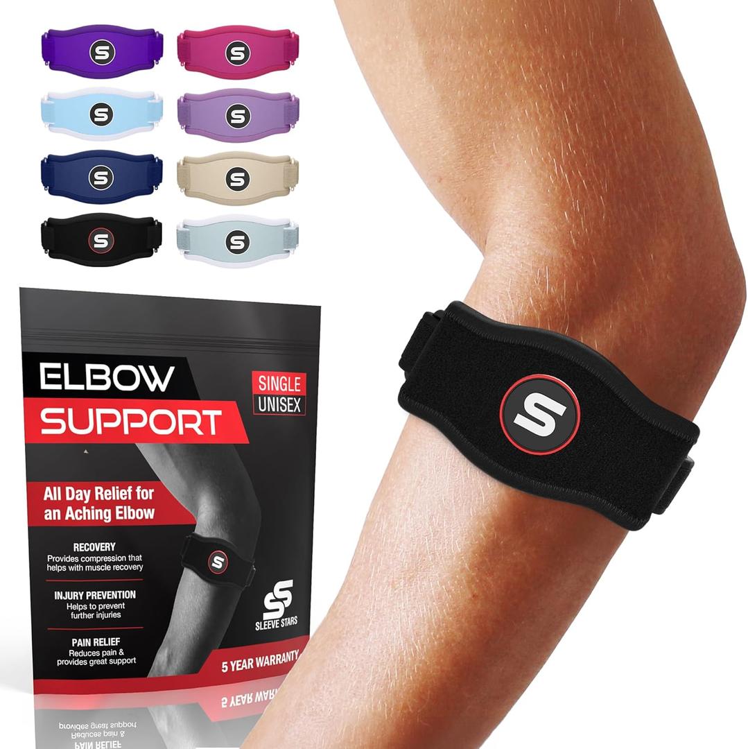 Sleeve Stars Tennis Elbow Brace for Women - Adjustable Tennis Elbow Strap, Golfers Elbow Brace for Men, Counterforce Brace for Tennis Elbow for Tendonitis Relief, Fits 9"-23" (Single/Black) (One Size)