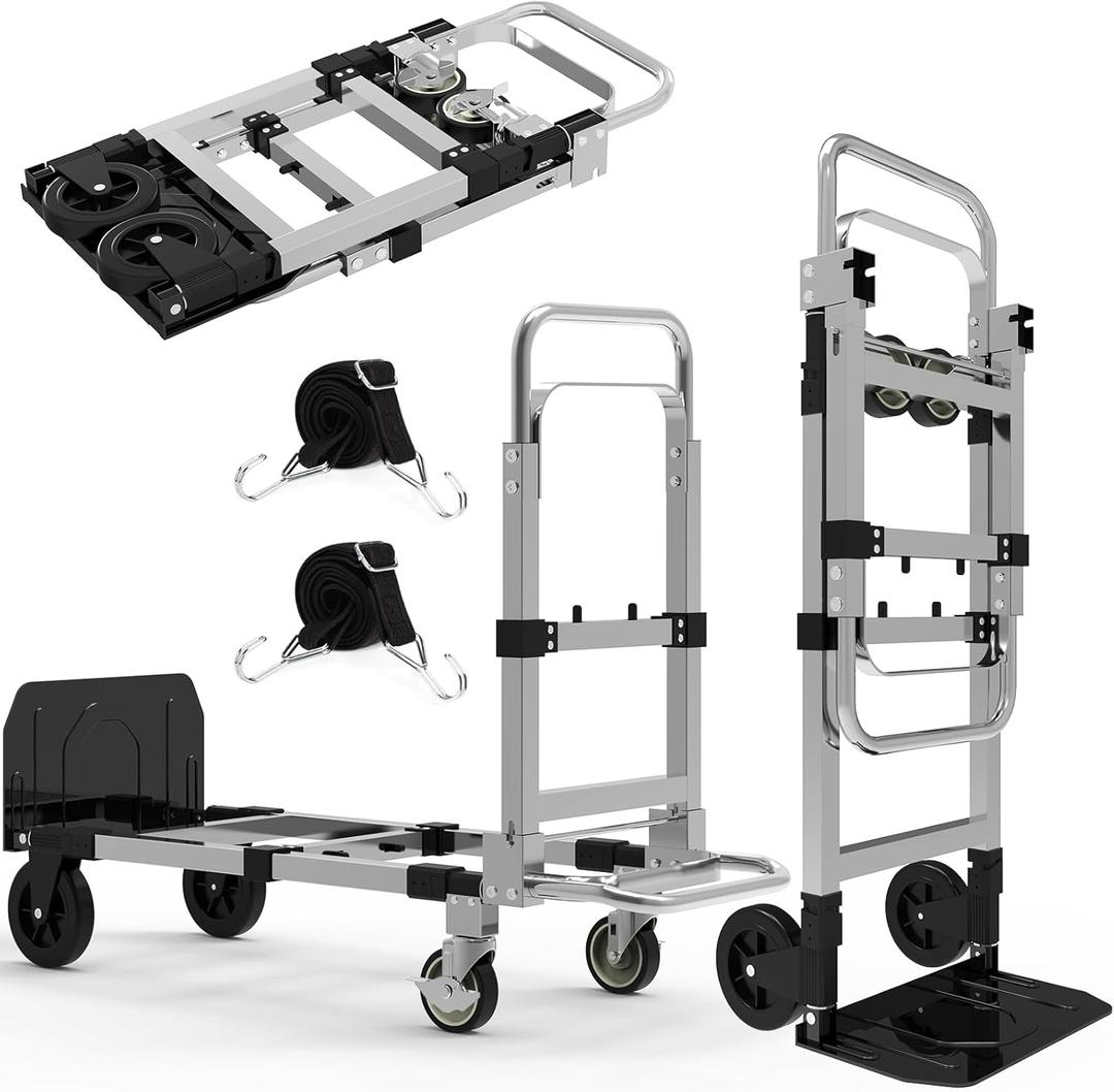 3 in 1 Heavy Duty Folding Hand Truck, Convertible Portable Steel Dolly with Telescopic Handle, Foldable Utility Cart with Rubber Wheels, 500 LBS (Silver)