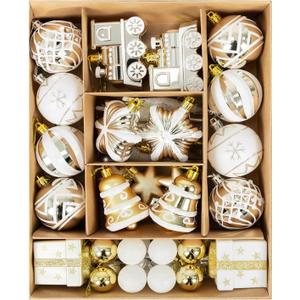 Christmas Ball Ornaments Set, 47ct 2.36 Inch Champagne Gold Assorted Xmas Tree Ball Ornaments, Shatterproof Christmas Tree Hanging Ornaments for Xmas Decoration
