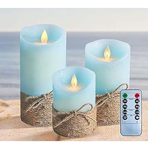 Flameless Pillar Candles with Remote, Moving Flame with Blue Hue, Coastal Decorative Battery Operated Candle Set for Farmhouse Beach Fall Decor, Party Wedding Xmas Bathroom Decor