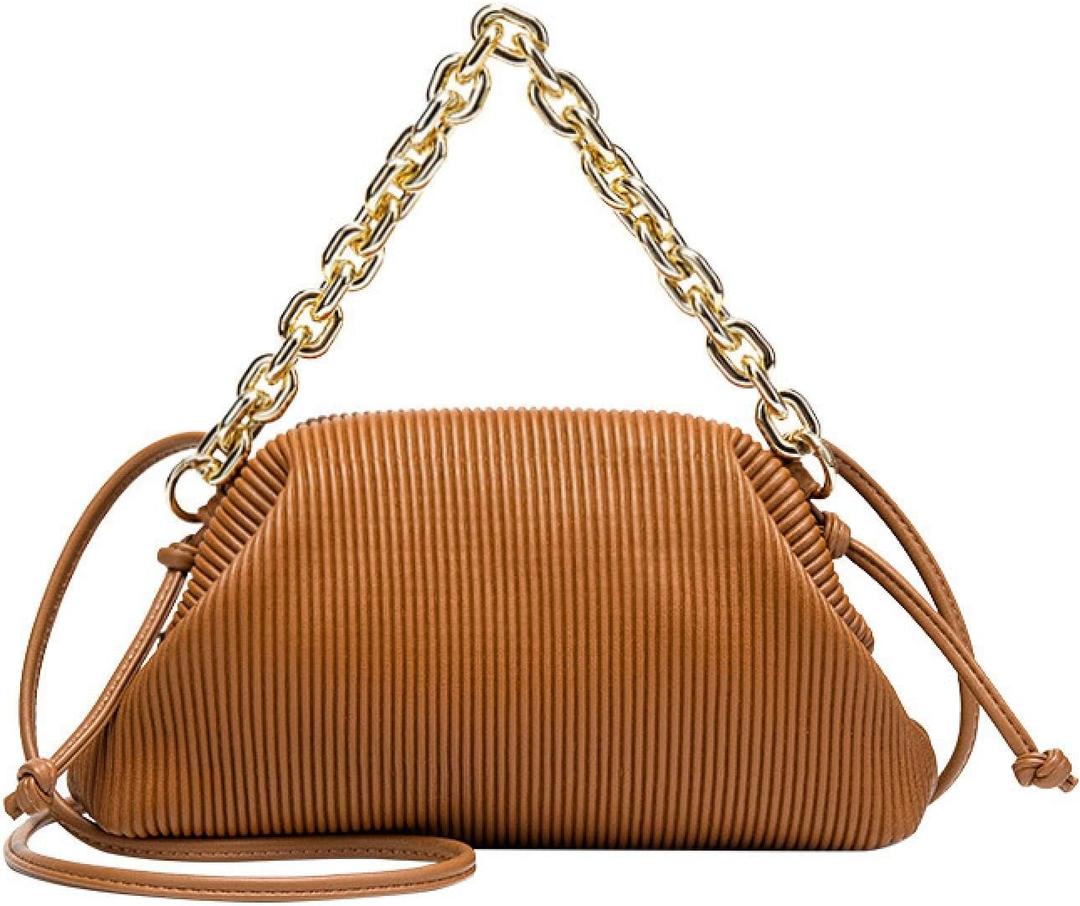 Cloud Bag, PU Shoulder Bag, Pleated Chain Cloud Bag, Brown Brown