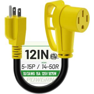 POWGRN NEMA 5-15P to NEMA 14-50R, RV 50 Amp to 110 Adapter 12 inch, Heavy Duty 10/3 Gauge RV Electrical Adapter, STW 10AWG 15A 125V 1875W, Black-Yellow, ETL Listed