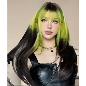 Womens Black to Green Long Straight Wig with Bangs Ombre Green Synthetic Natural Hair Wig for Daily Cosplay Halloween Use