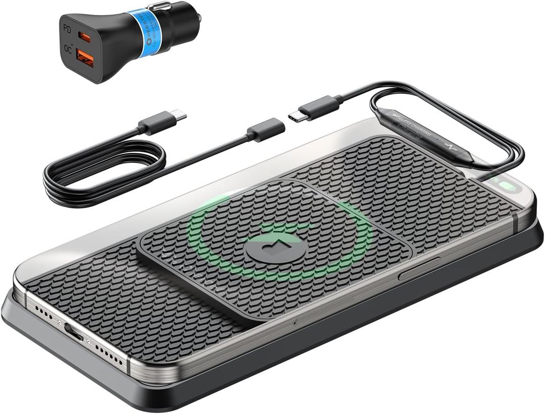 Wireless Car Charging Pad, Reestecqi 15W Fast Wireless Car Charger Pad Non Slip Charging Mat with 30cm Cable and 70cm Extension Compatible with iPhone 16 Pro/15/14/13 AirPods Samsung Google