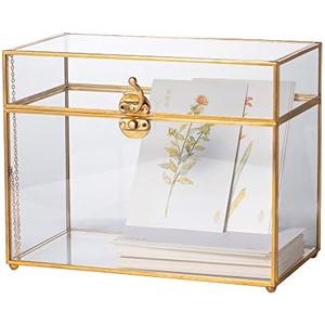 NCYP Small Glass Card Box with Lid for Wedding Reception - 9.8" x 5.6" x 7.7" - Rectangle Storage Terrarium for Party Wishwell Keepsake, Gold, Tabletop Decor (Glass Box Only, No Slot, No Lock)