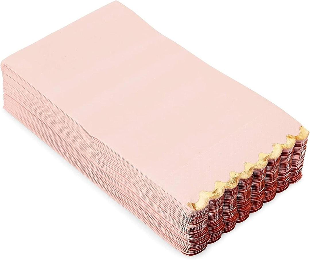 Sparkle and Bash 3-Ply Paper Dinner Napkins - Pink Napkins with Scalloped Gold Foil Edges - Disposable Absorbent for Weddings & Parties - 3 Ply, Pink - 50 Pack - 4 x 8 in