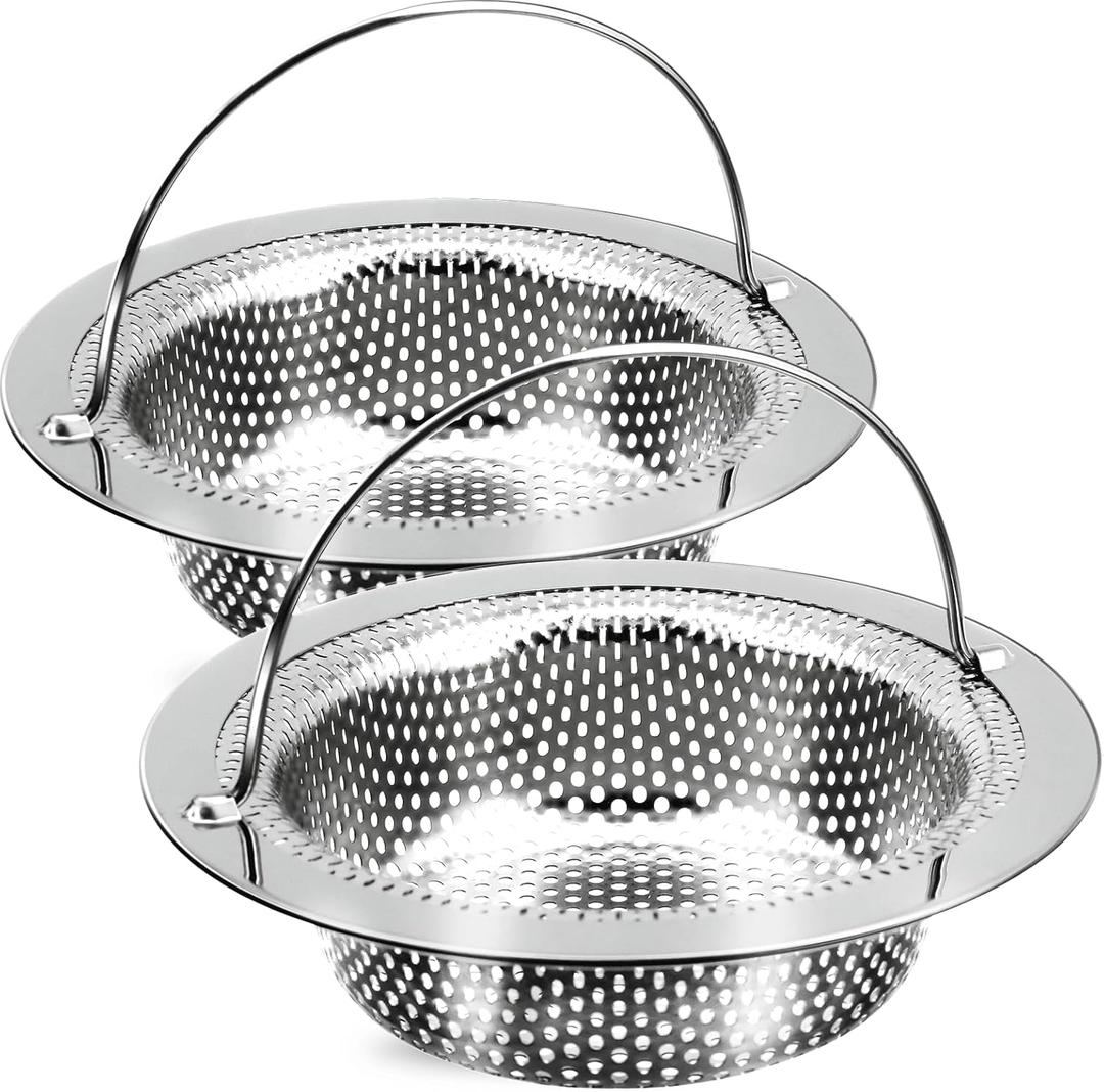 2 Pack Kitchen Sink Drain Strainer with Handle, Stainless Steel Large Kitchen Sink Drain Basket Food Catcher, Outer Diameter 4.5 Inch, Rust Free