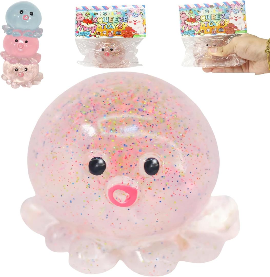 Crystal Sequin Octopus Taba Squishy  Cute Taba Stress Relief Toy, Kawaii Fidget Ball for Desk, Office & Gifts (Glitter Pink)