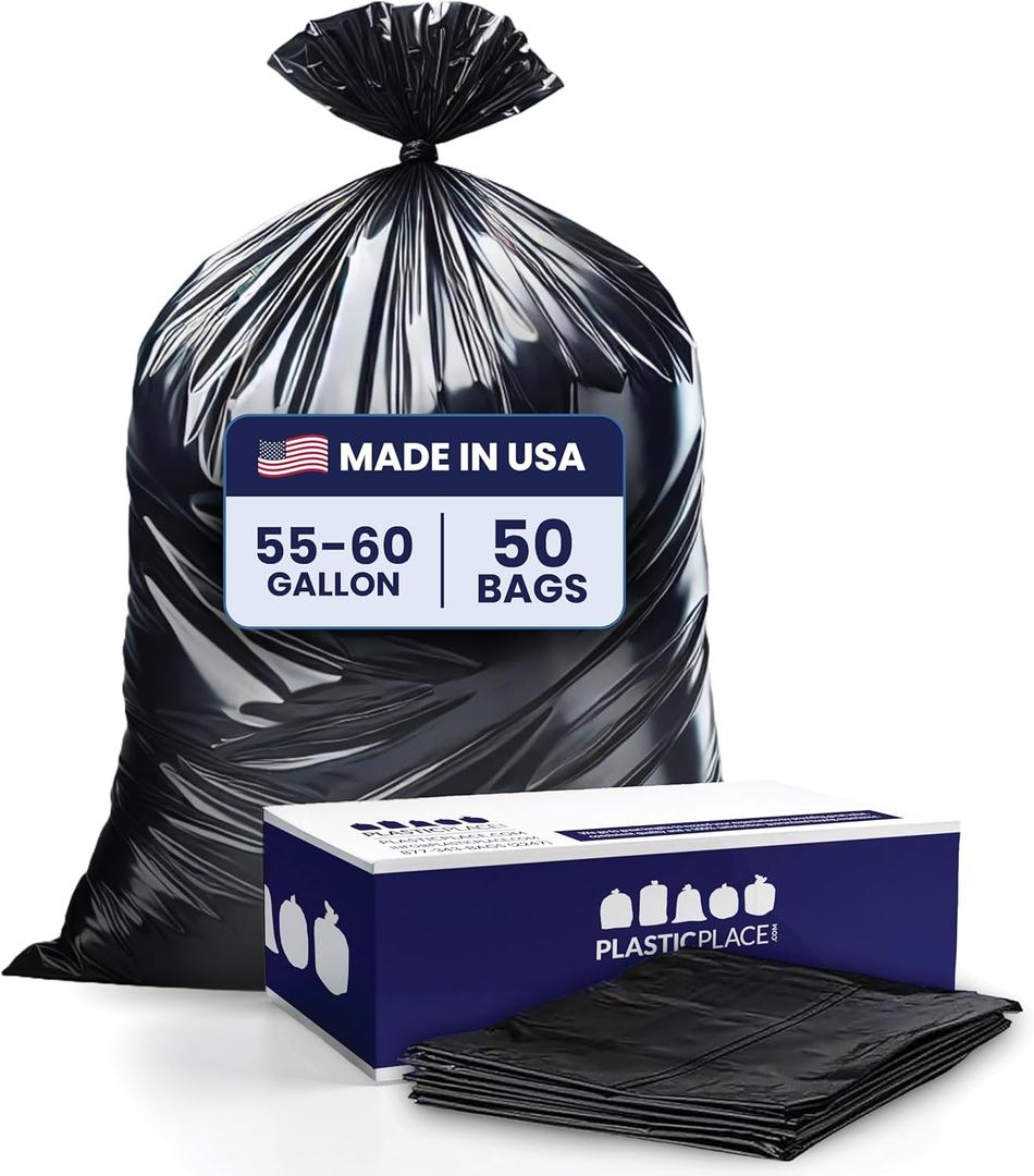 Plasticplace 56 gallon Trash Bags  1.5 Mil  Black Heavy Duty Garbage Can Liners  38 x 58 | 50 Count (Pack of 1)