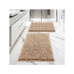 MitoVilla Beige Bathroom Rugs 2 Piece Set - 17" x 24" + 20" x 32", Non-Slip Extra Soft Absorbent Chenille Bath Rugs, Quick Dry Shaggy Shower Bathroom Floor Mat