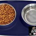 GORILLA GRIP Dog Bowl Set with Slip Resistant Silicone Feeding Mat, Food Grade 304 Stainless Steel Bowls, BPA Free, High Edge Spill Containment, Dishwasher Safe, Finger Notch Removal, 2 Cup, Navy Blue