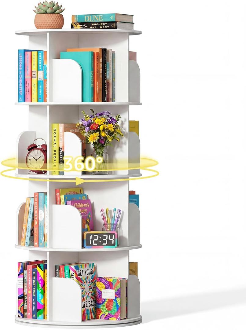 DUMOS 4 Tier Rotating Bookshelf Tower, Spinning Bookshelf for Small Space, 18.1"D x 18.1"W x 50"H