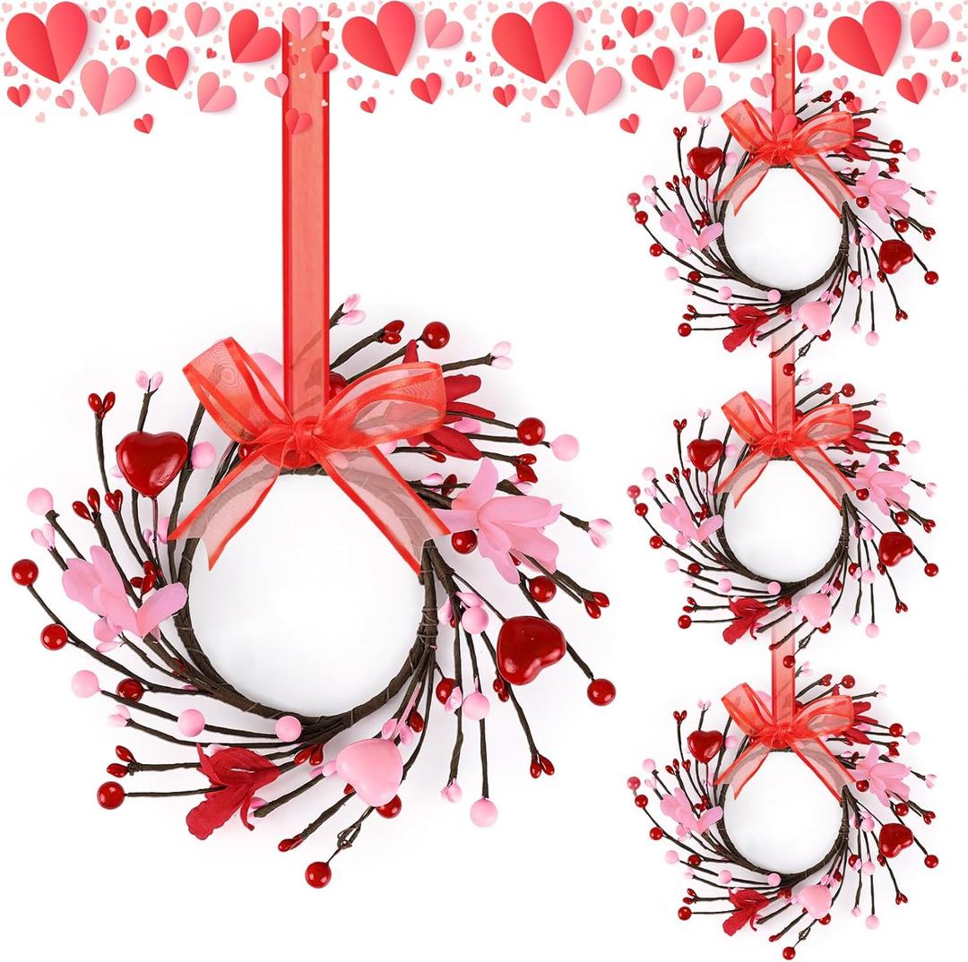 4 PCS Mini Valentine Wreaths for Cabinet Front Door Valentine Wreath Red Pink Glitter Heart and Berry Hanging Valentines Day Wreaths for Window Wedding Birthday Home Wall Porch Decoration