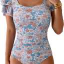 Eomenie Women's Tummy Control One Piece Swimsuit Ruffle Square Neck Bathing Suit Ruched Cutout Back Slimming Swimwear (Orange Print, S)