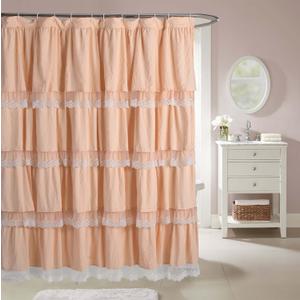 Elegant Peach Pink Shower Curtain with Handmade Ruffles and Lace Trim, 72" x 72" Soft Microfiber Shower Curtains for Boho, Farmhouse, and Vintage Bathroom Decor, Machine Washable