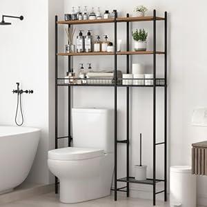 Extra Wide Over The Toilet Storage – 37.5" W, 4-Tier Bathroom Organizer Shelf with Extra Side Shelf and 2 Drain Baskets, Space Saver Storage for Bathroom, Balcony, Living Room (Black)