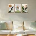Bwodke Boho Wall Art, Framed Abstract Wall Art, Botanical Canvas Wall Decor, Mid Century Plant Leaf Geometric Pictures Set of 3, Minimalist Paintings, for Bedroom Living Room Bathroom 16"x24"