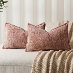 Pack of 2 Pink Decorative Throw Pillow Covers 12x20 Cozy Soft Chenille Boho Accent Vintage Farmhouse Rectangular Lumbar Couch Pillow Covers for Home Decor Bed Sofa Living Room