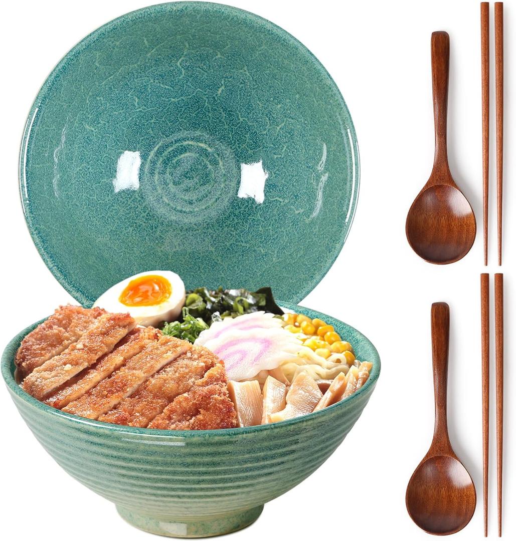 NUTRIUPS 8 Inch Ceramic Ramen Bowl Set of 2 Pho Bowls 40oz Japanese Noodle Udon Soup Bowls with Spoons and Chopsticks (Ice Crack Green)