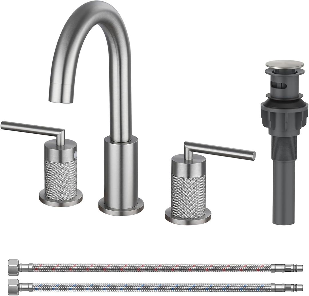 Mbillion Brushed Nickel Widespread Bathroom Faucet 2 Handle, Stainless Steel, 3 Hole Vanity Sink Faucet with Pop-Up Drain & CUPC Hose, 360 Swivel Gooseneck Spout, Water Saving Aerator,Fit 6-12" Sinks