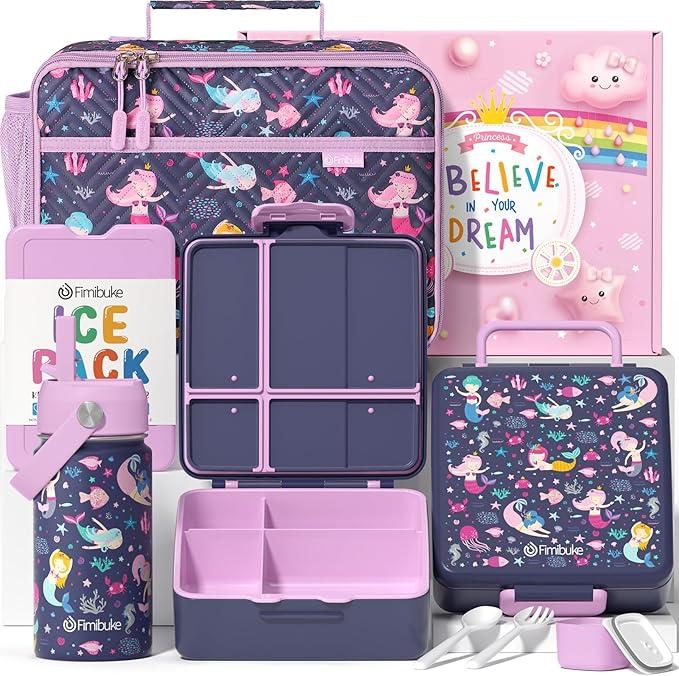 Fimibuke Kids Bento Lunch Box with 4 Compartments, Insulated lunch Bag, Stainless Steel Insulated Water Bottle, Ice Pack & Utensils Set, Birthday Gifts for Ages 3-12 Back to School Toddler Girls Boys