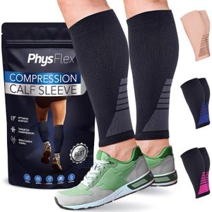 Calf Compression Sleeves for Men and Women - (1 Pair) Footless Compression Socks Support for Varicose Veins, Nursing, Pregnancy, Running - PhysFlex Leg Sleeve Brace for Shin Splints, Pain Relief and Reduces Swelling (Black, Medium)