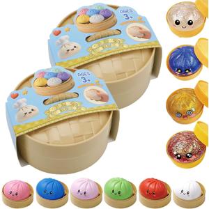 Dumpling Squishy Mystery Box, Glitter Dumpling, Dumplings Style Stress Balls for Adults and Kids, Cute Steamer Basket Design with Squeezable Bun Stress Relief Fidget Toys (2 PCS)