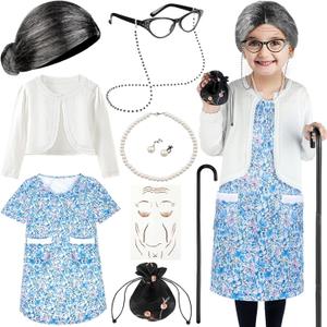 Luucio Old Lady Costume for Kids, 100th Day of School Costume for Girls with Grandma Costume, Kids Old Lady Costume for Kids (Medium, 5-7 Year)
