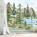 YQWDMX -Watercolor Green Pine Mural Cartoon Forest Fabric Wallpaper Children's Room 100" x 65"(Not Peel and Stick)